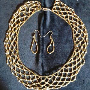 Gold & Pearl Beaded Collar Necklace & Earring Set